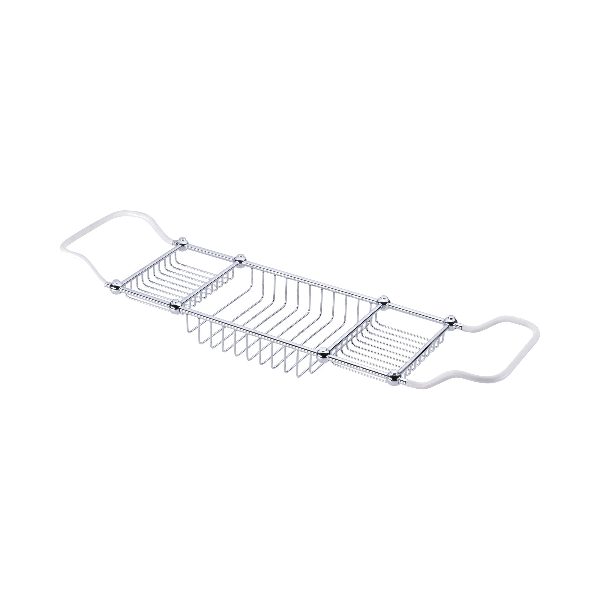 Chrome bath caddy with handles on a white background