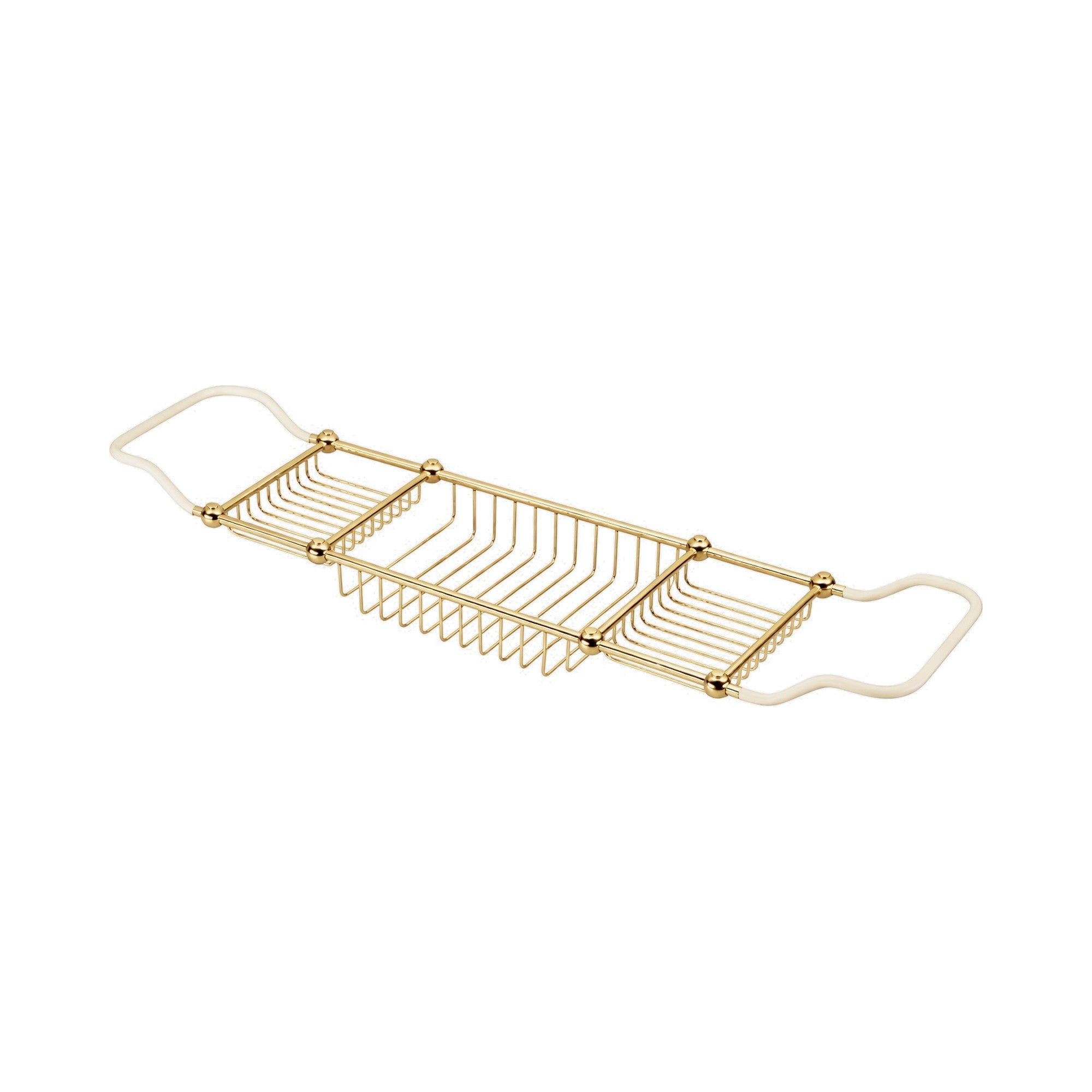 Gold metal bath caddy on a white background