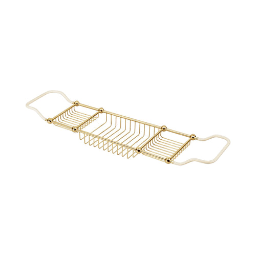 Gold metal bath caddy on a white background
