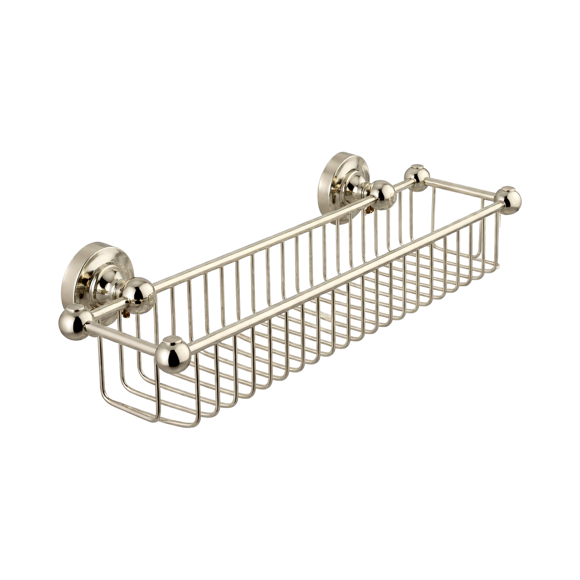 Metal wall-mounted basket with decorative brackets on a white background