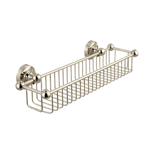 Metal wall-mounted basket with decorative brackets on a white background