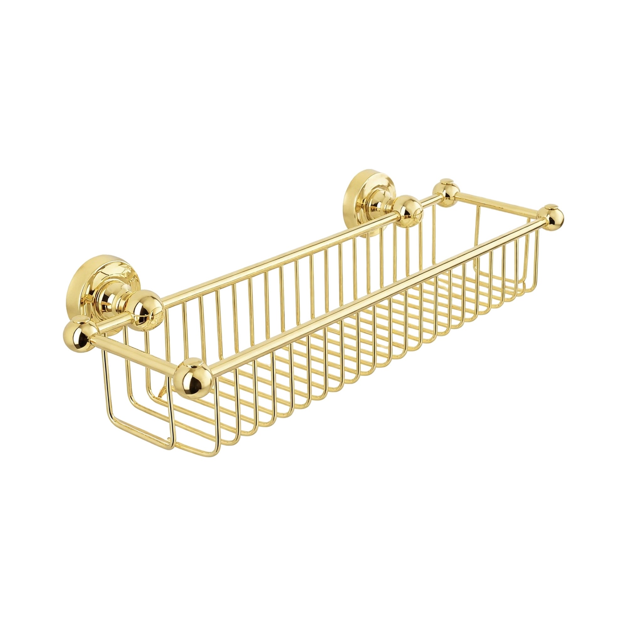 Gold metal wall-mounted basket on a white background