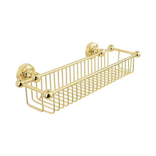 Gold metal wall-mounted basket on a white background