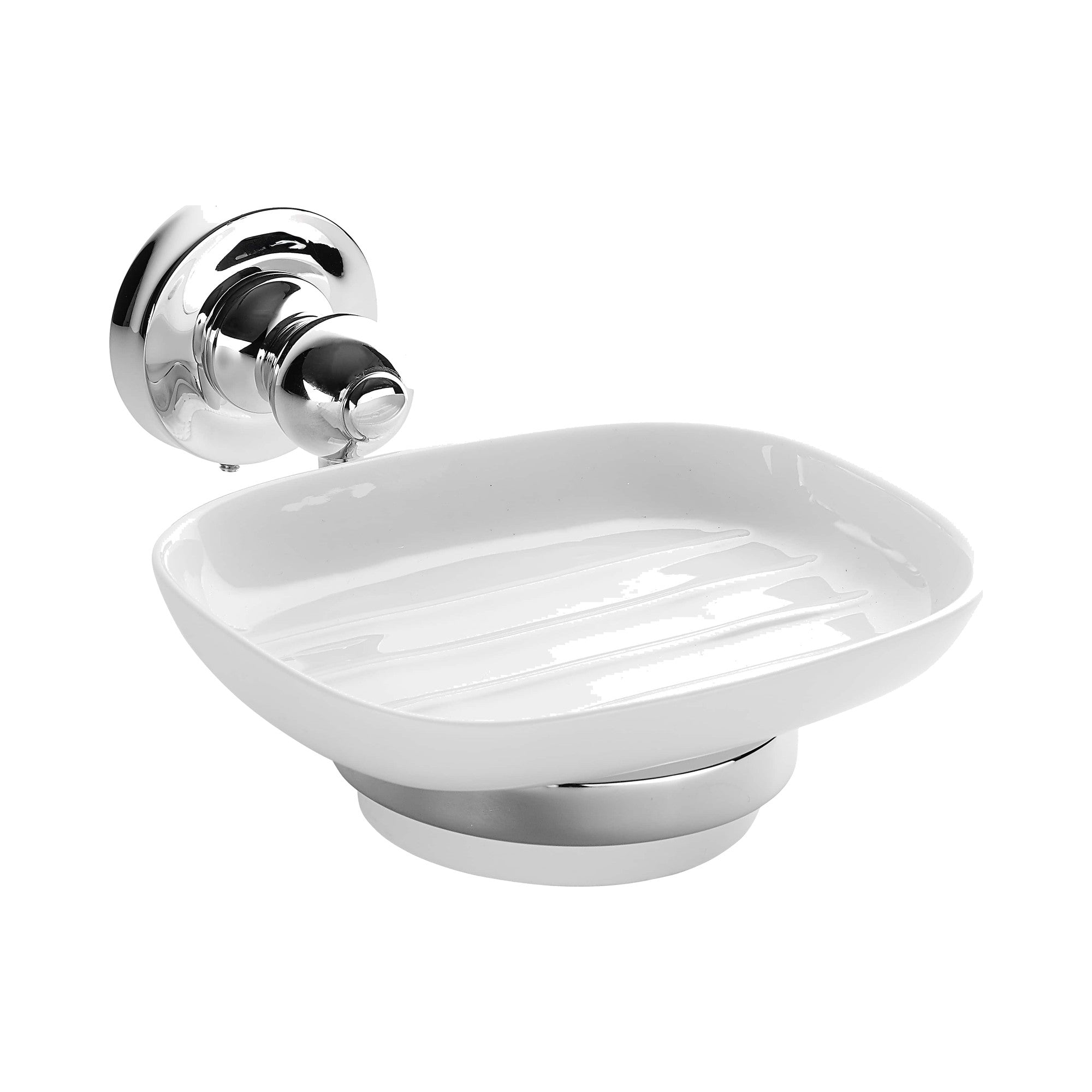 White soap dish with chrome holder on a white background