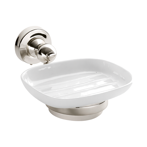 White soap dish with silver metal holder on a white background