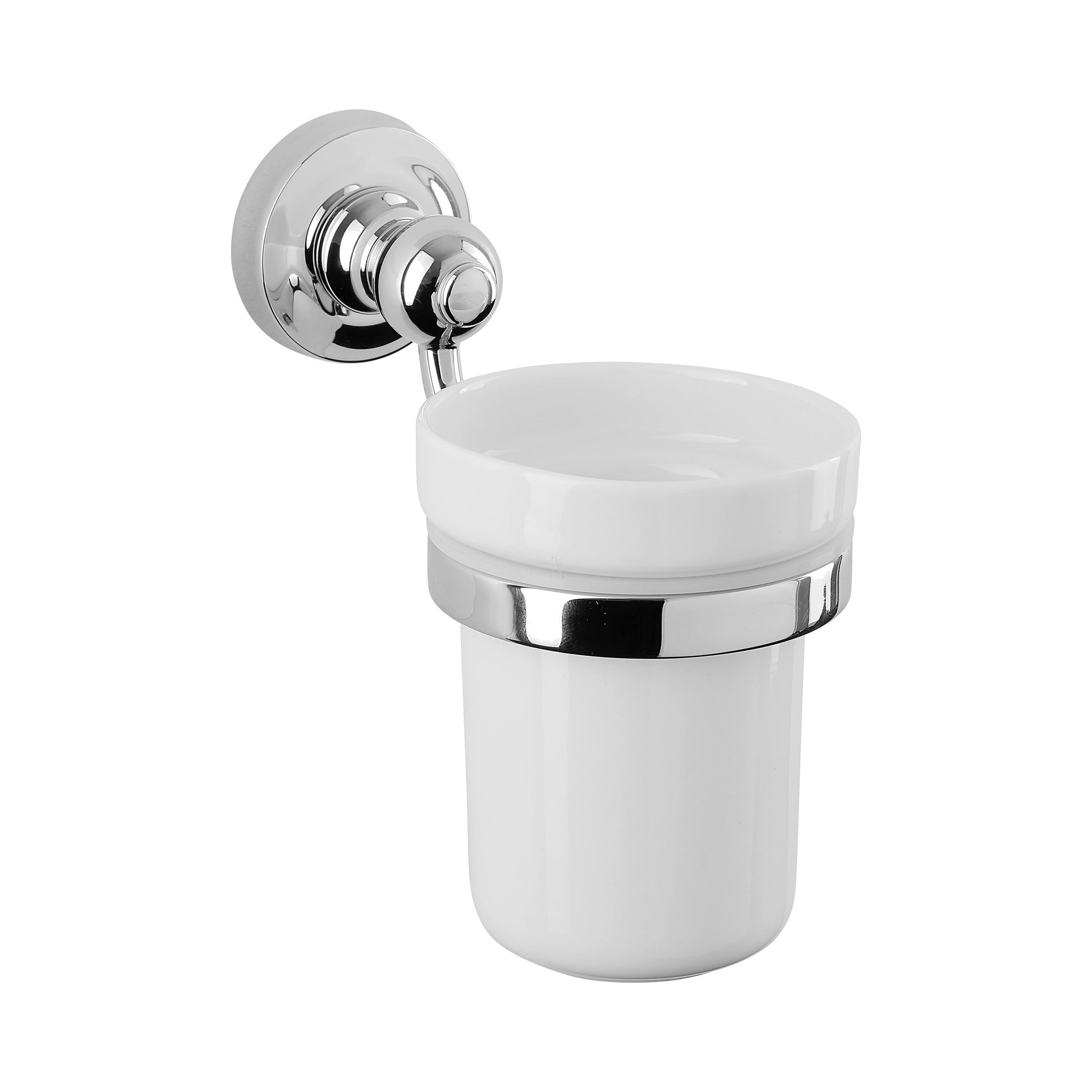 White ceramic tumbler with chrome holder on a white background