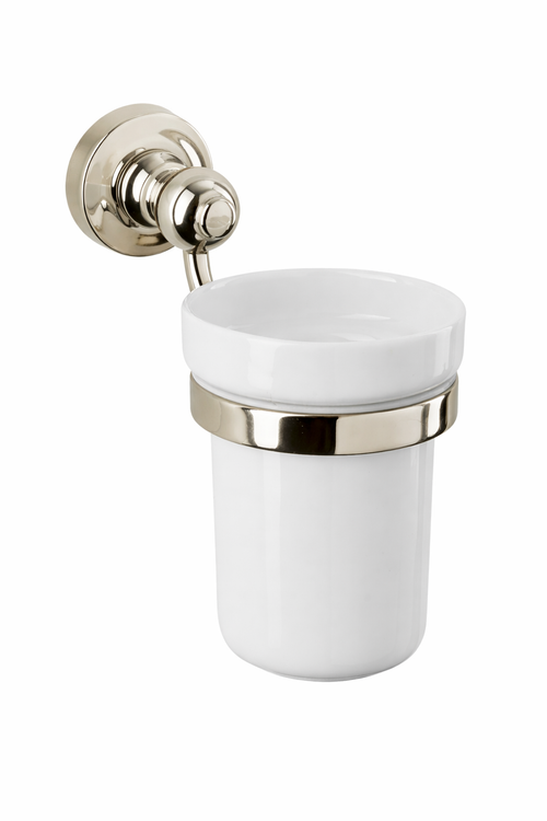 White ceramic toothbrush holder with silver metallic base on a white background