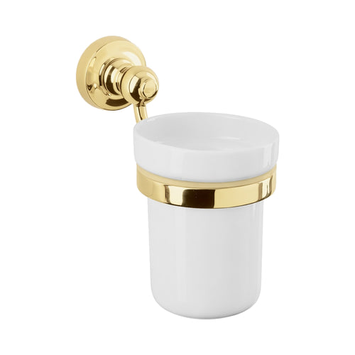 White tumbler with gold accent on a white background