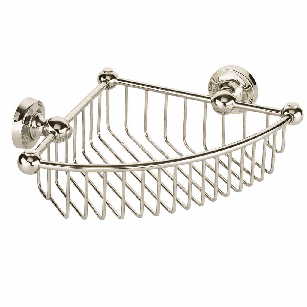 Metal corner shower basket with decorative brackets on a white background