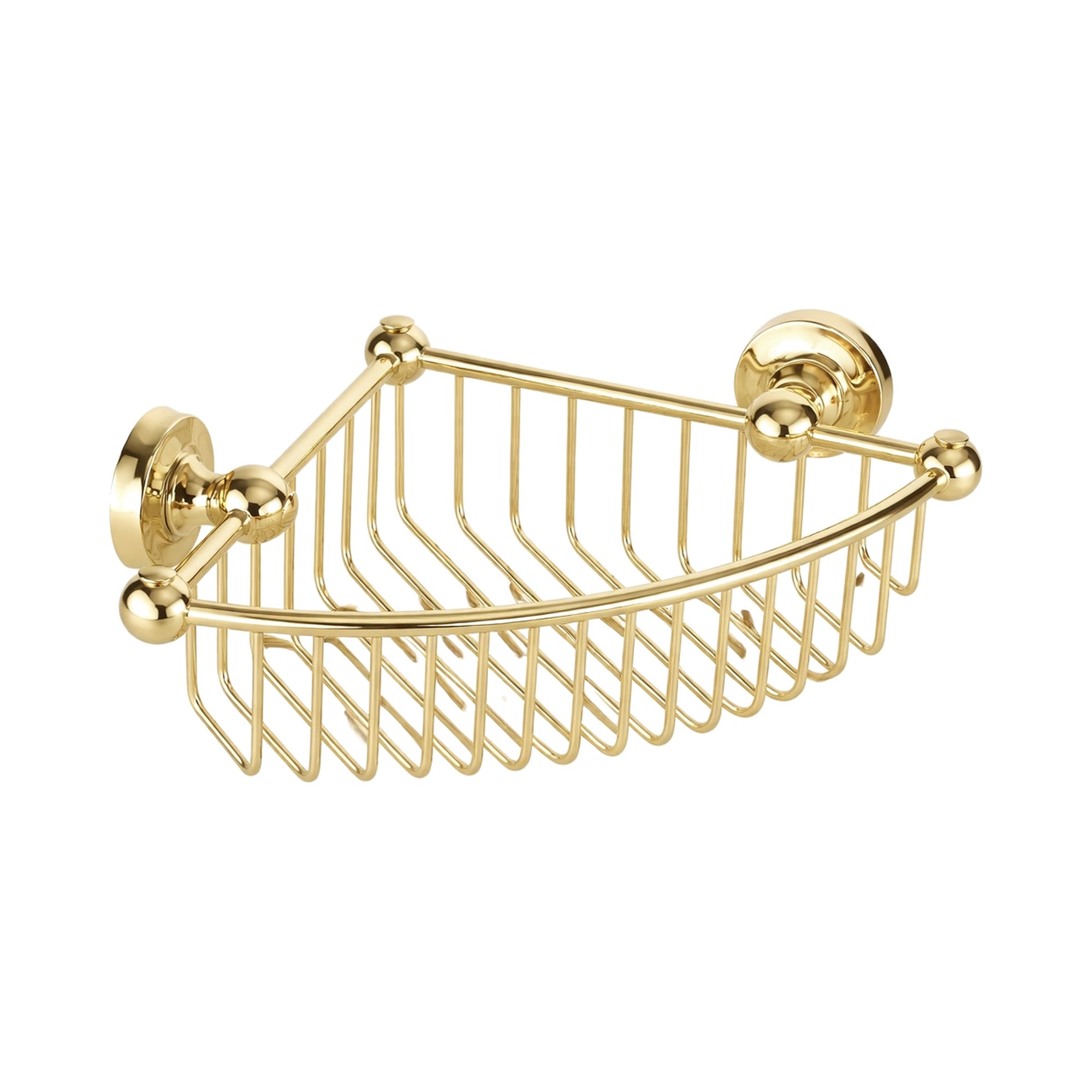 Gold corner basket with decorative ends on a white background