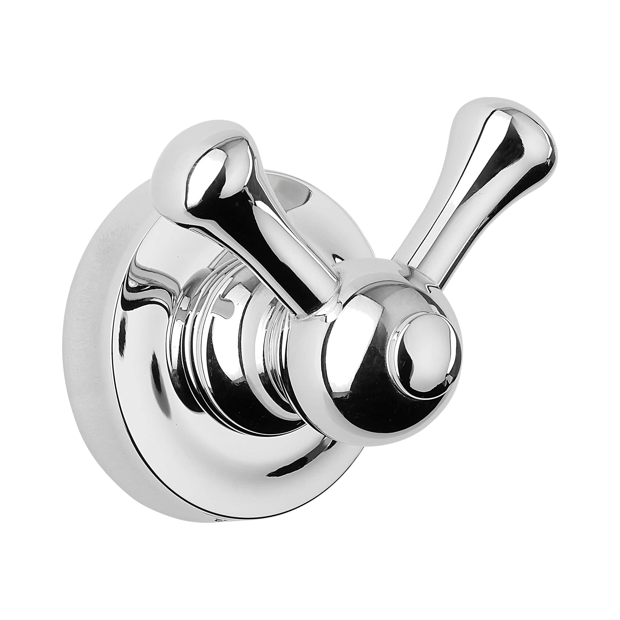Chrome double robe hook on a white background