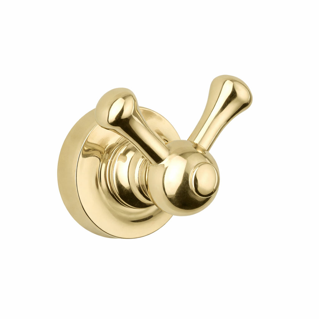 Gold double robe hook on a white background
