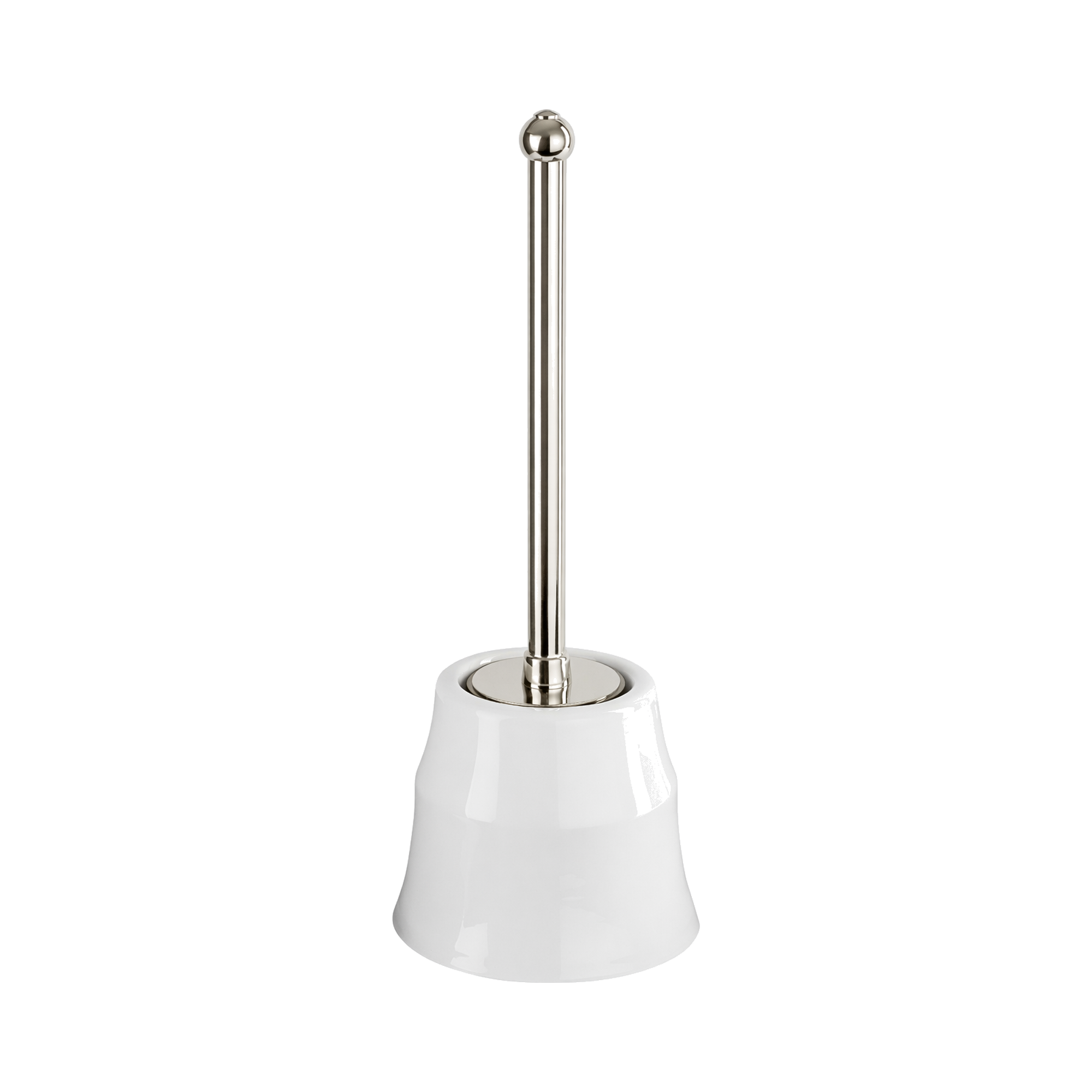Bathroom brush with white holder and silver handle on a white background