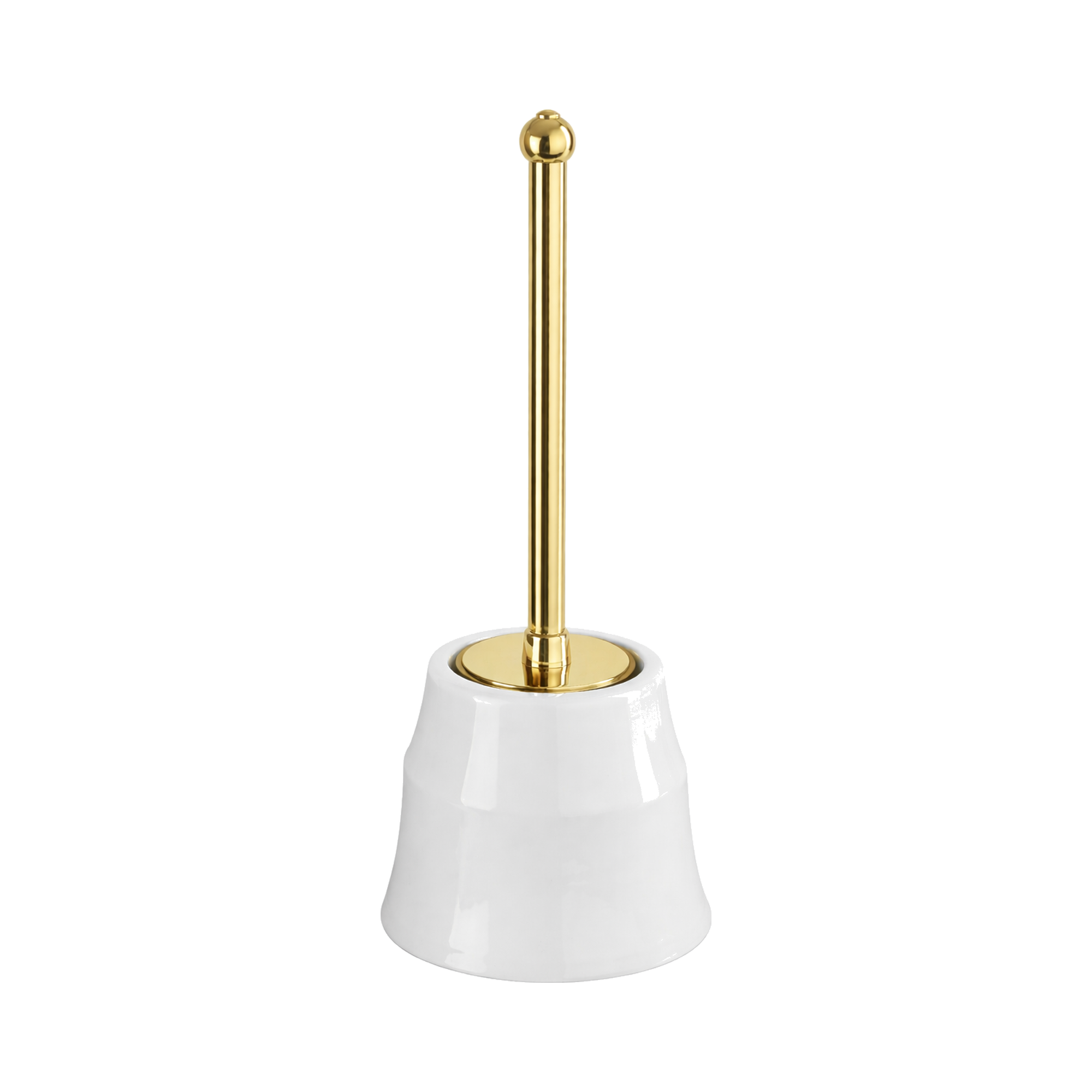 Bathroom brush with gold handle and white base on a white background