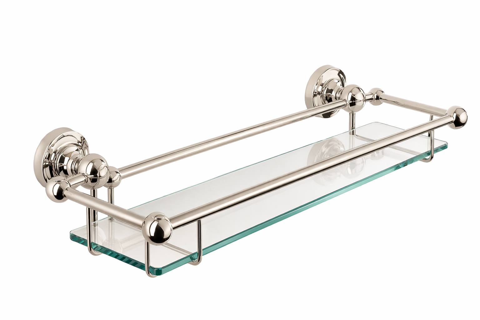Bathroom shelf with glass bottom and chrome metal bracket on a white background
