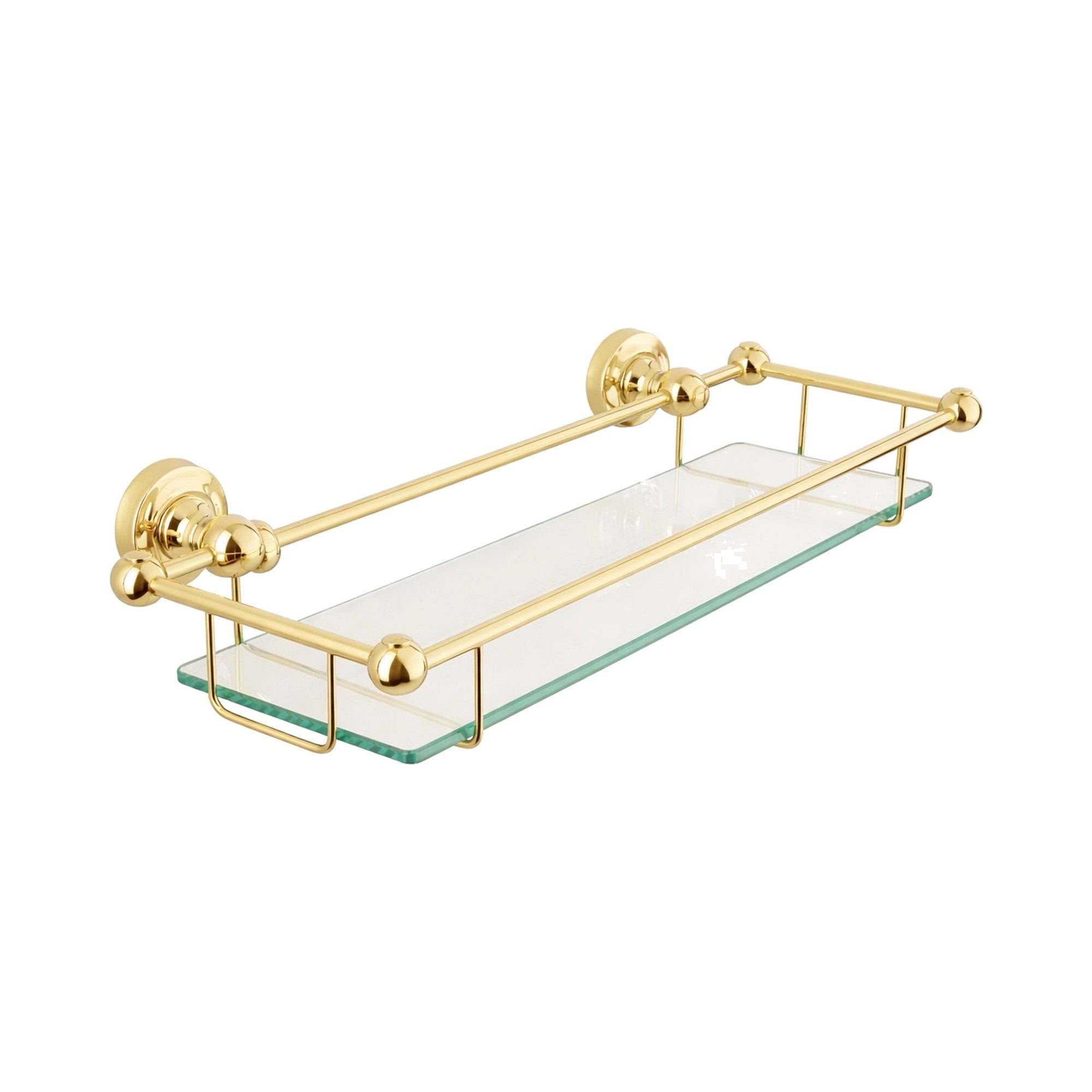 Glass shelf with gold metal brackets on a white background