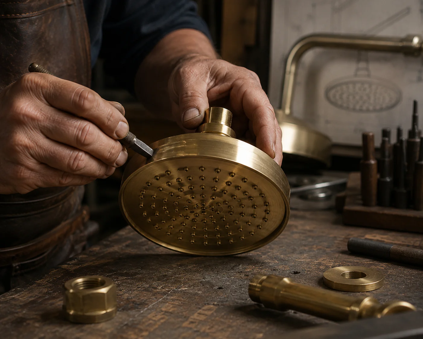 Person working on a brass shower head with tools on a wooden surface