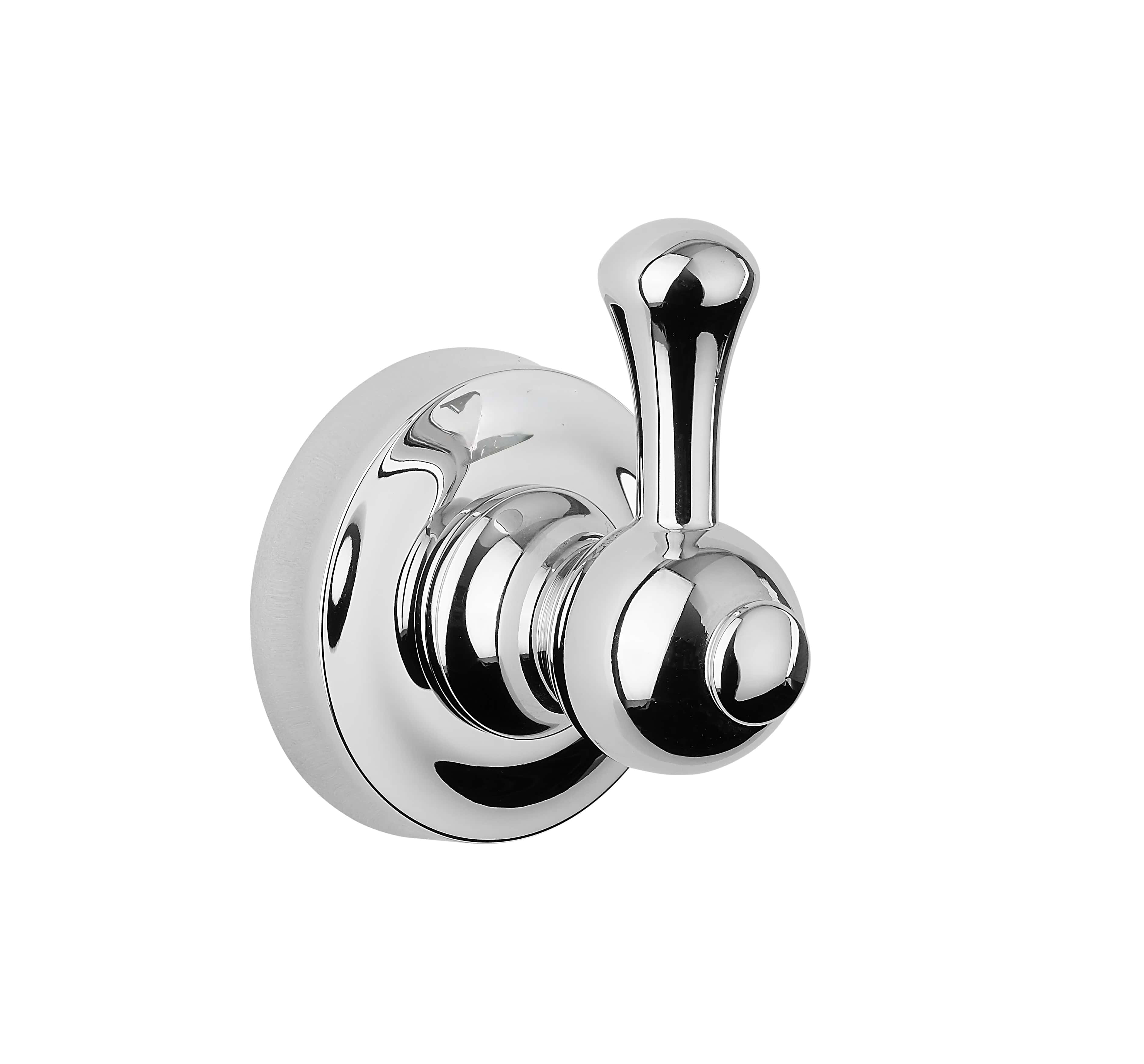Chrome single robe hook on a white background