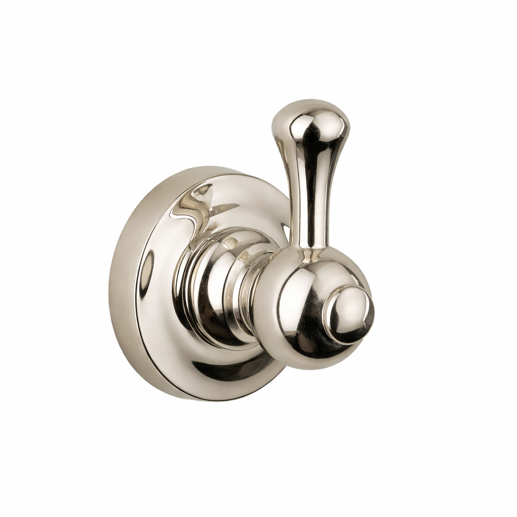 Polished nickel double robe hook on a white background