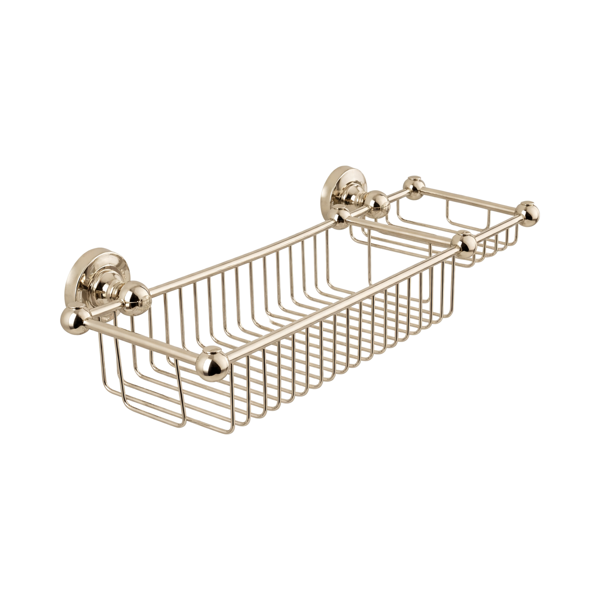 Decorative wall-mounted metal basket with gold finish on a white background