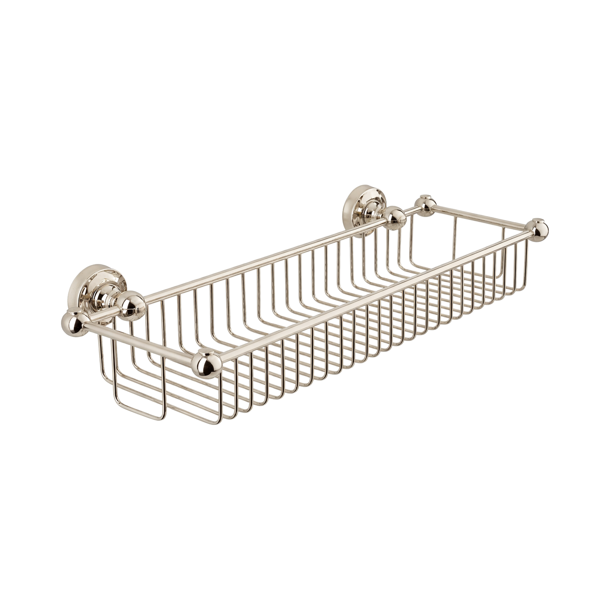 Metal wall-mounted shower caddy with decorative brackets on a white background
