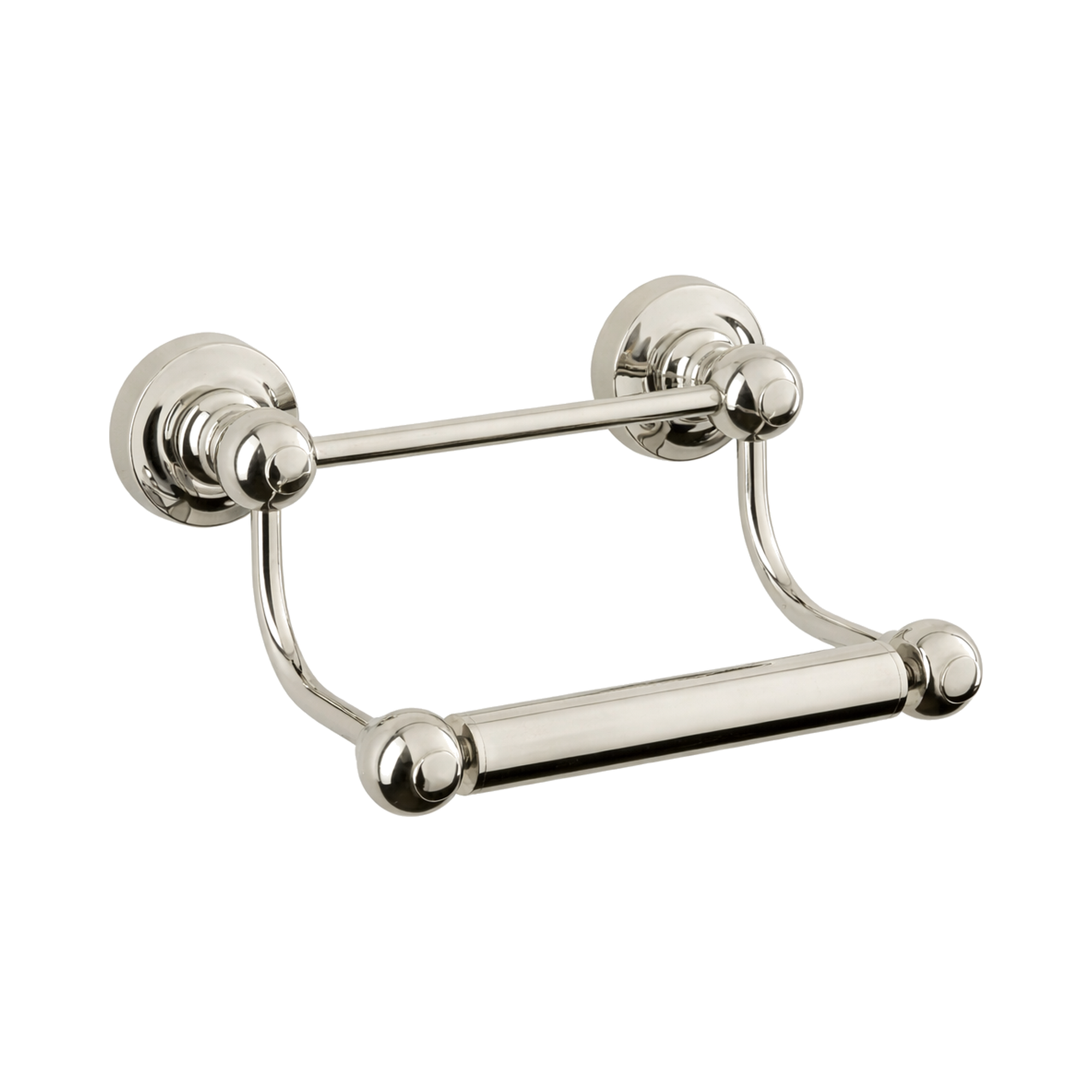 Polished chrome toilet paper holder on a white background