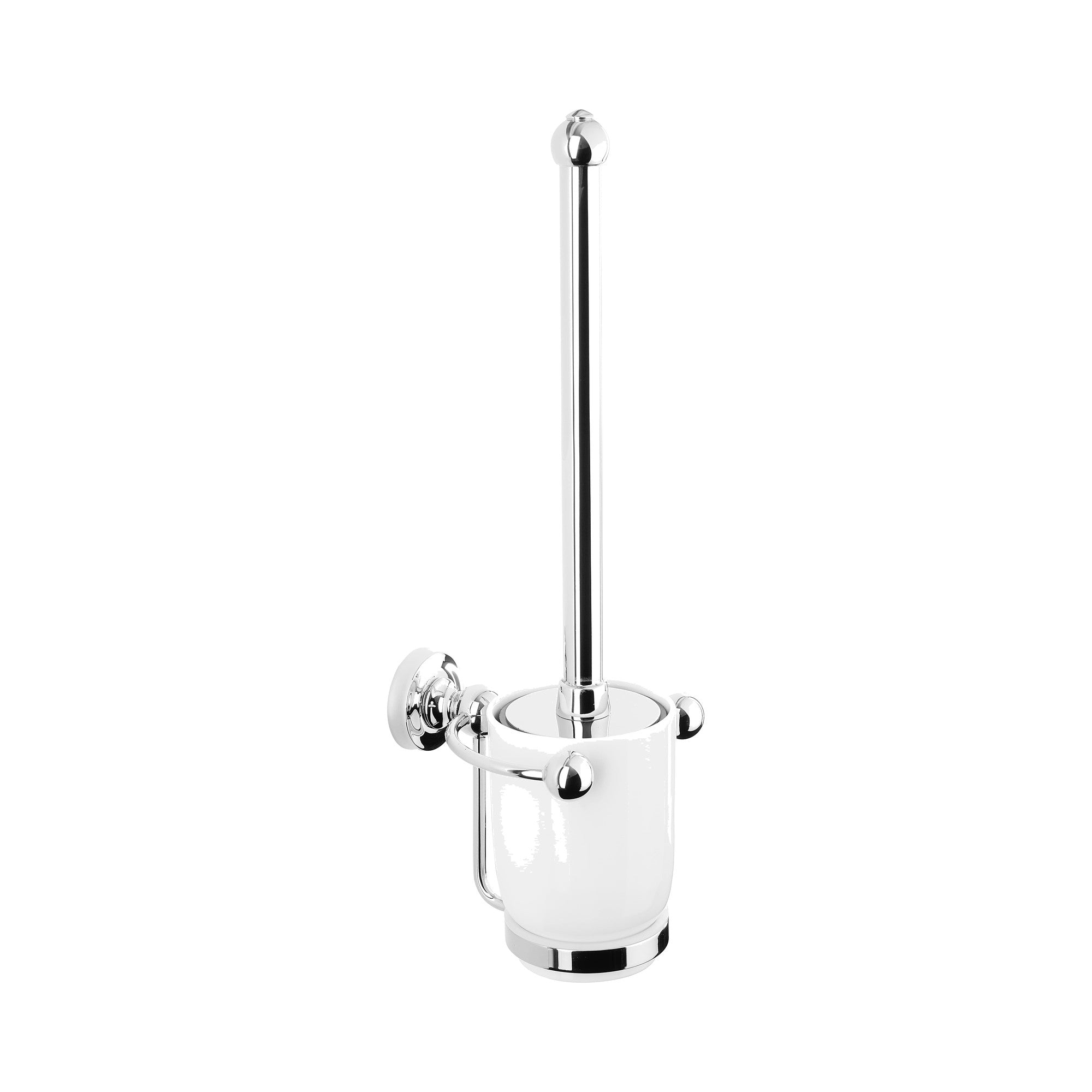 Chrome toilet brush holder with clear glass cup on a white background