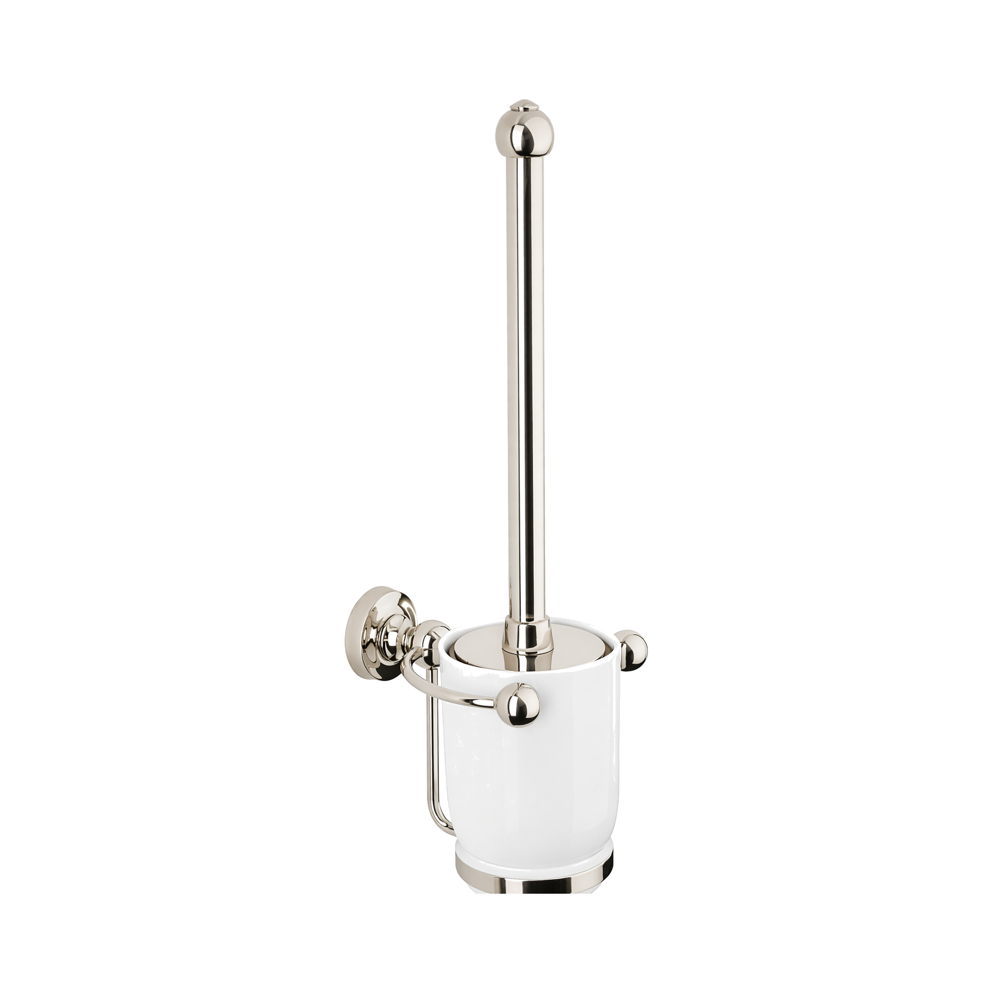 Chrome toilet brush holder with white cup on a white background