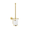 Gold toilet brush holder with white cup on a white background