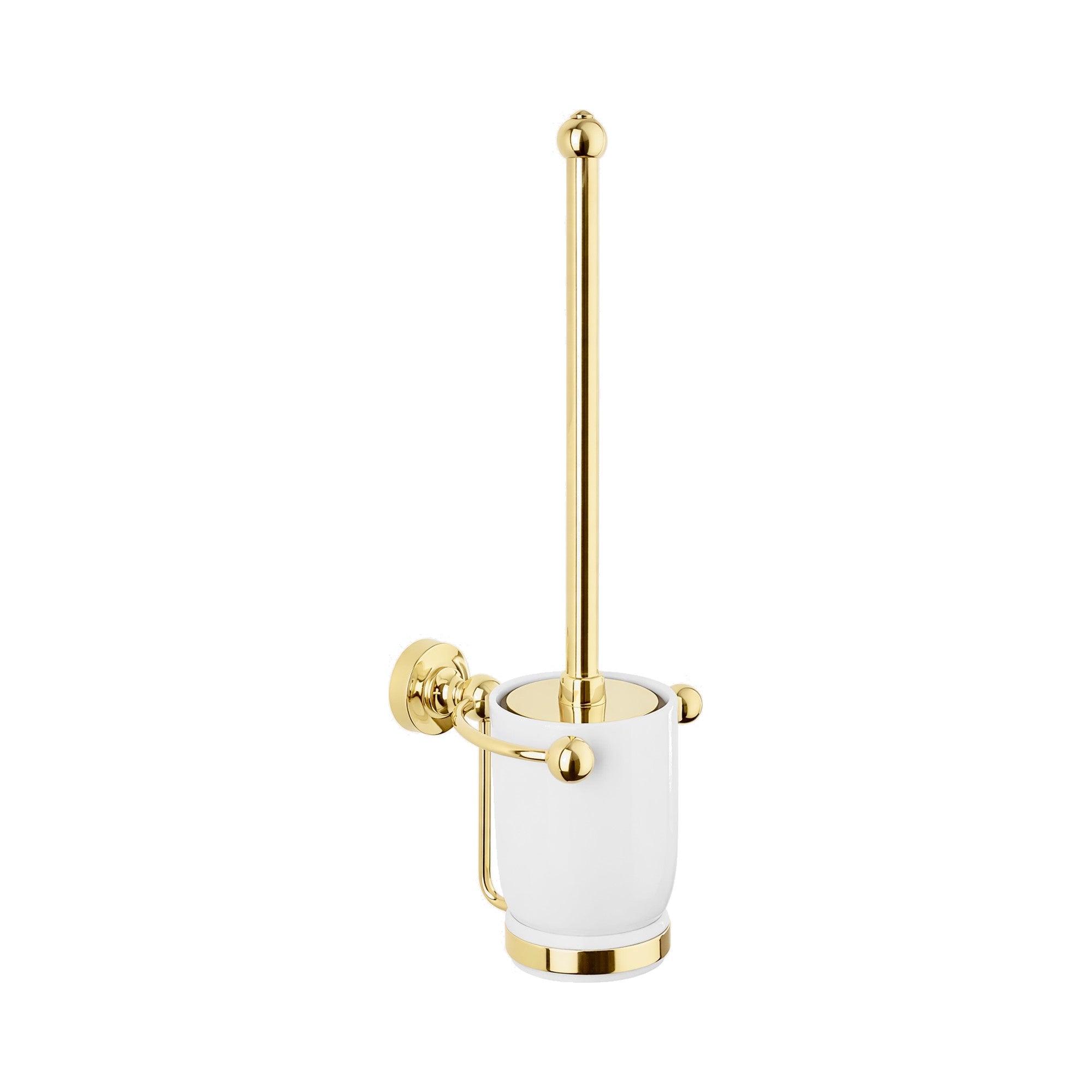 Gold toilet brush holder with white cup on a white background