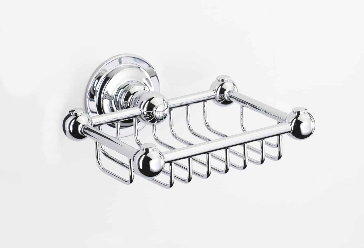 Chrome wall-mounted soap dish on a white background